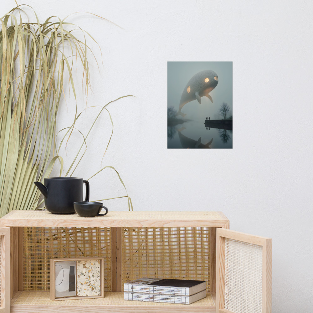 Affiche « Baleine des Brumes » dans un salon clair