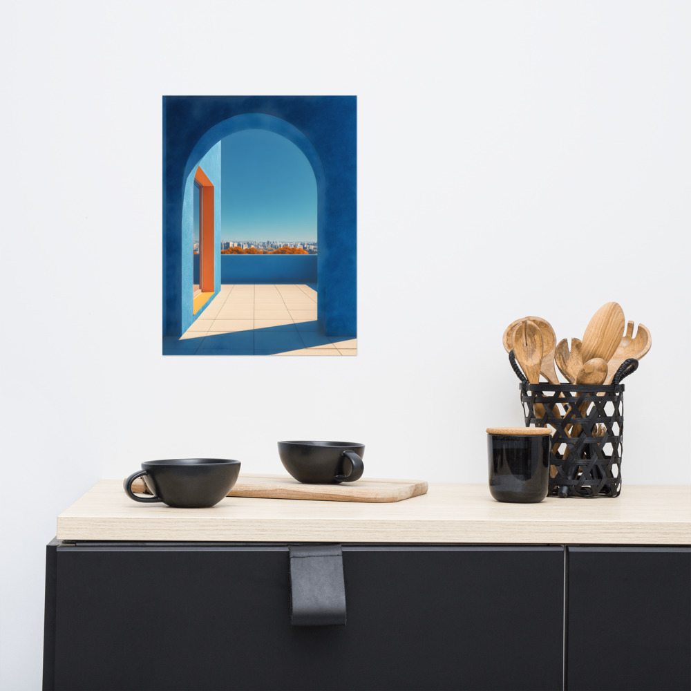 Affiche « Fenêtre sur l’Évasion » au-dessus d’un buffet